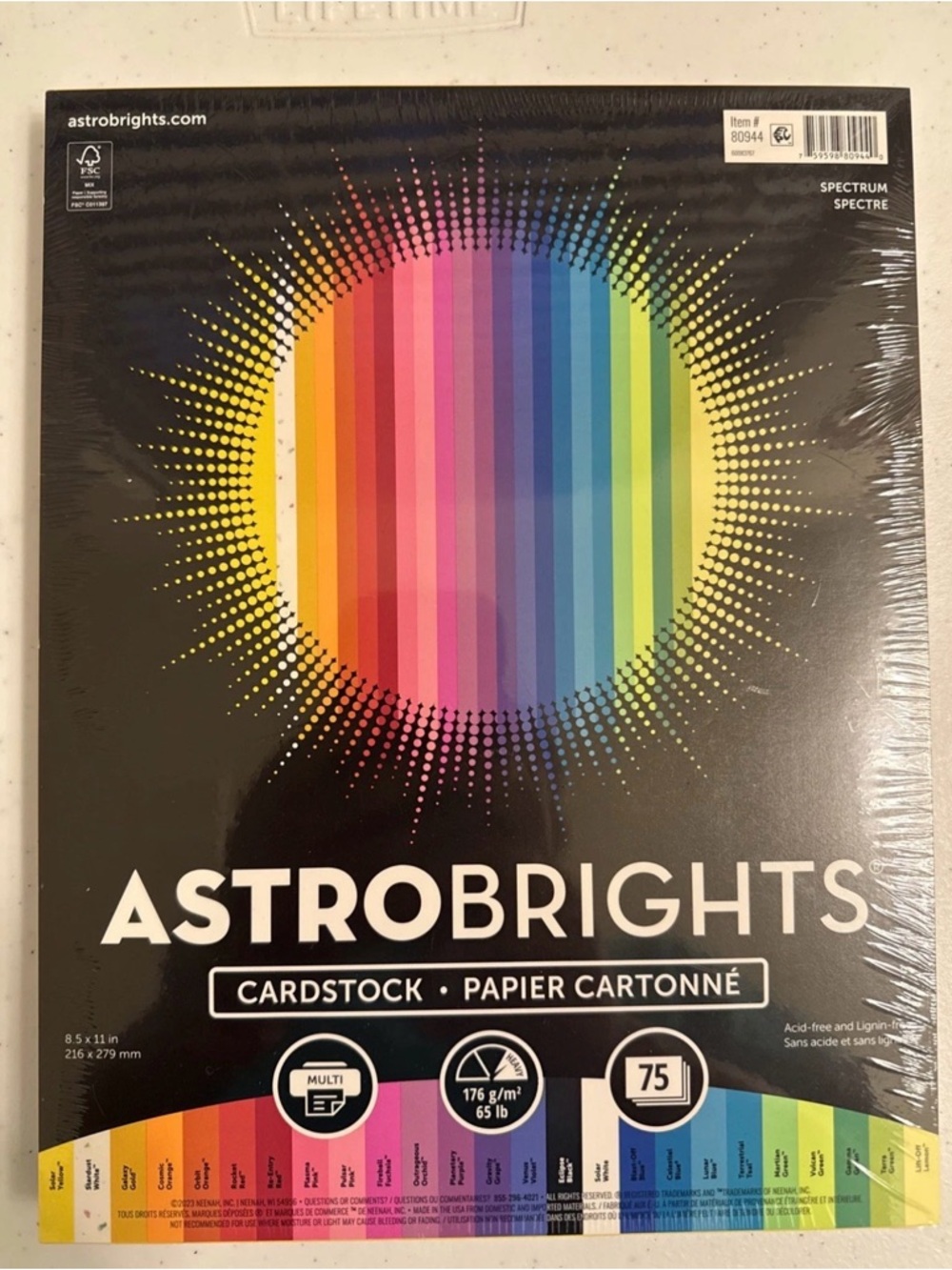 Astrobrights Colored Cardstock, 8.5" × 11", 65 lb / 176 gsm,
"Spectrum"